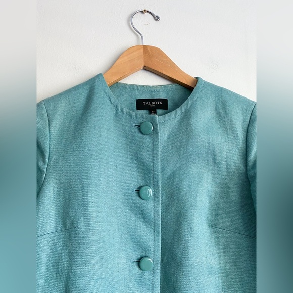 TALBOTS Teal Linen 3/4 Sleeve Blazer Collarless Career Feminine Retro 6 Petite - Picture 4 of 13